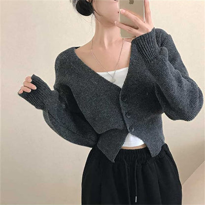 V-Neck Plain Button Up Crop Cardigan