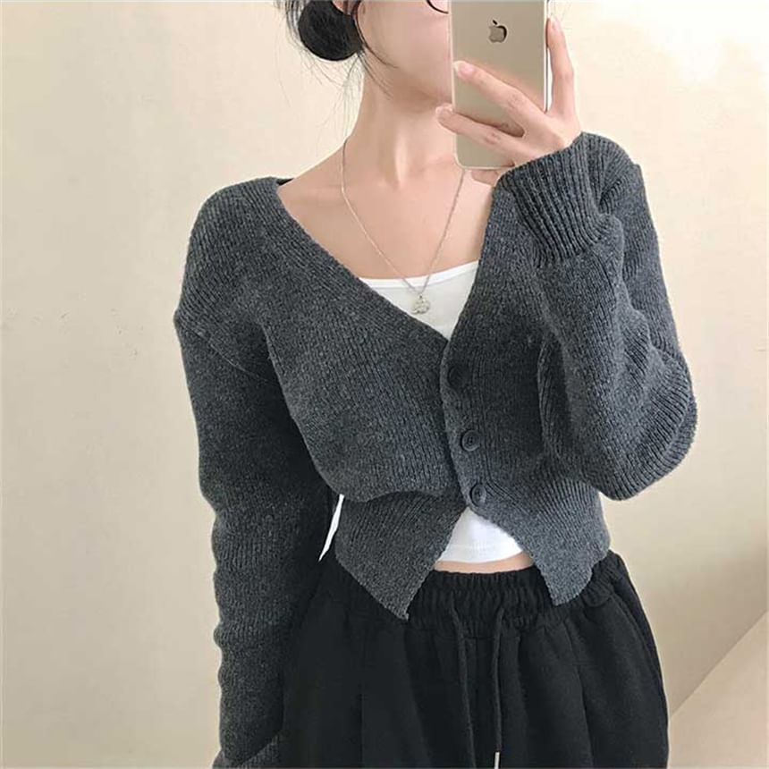 V-Neck Plain Button Up Crop Cardigan
