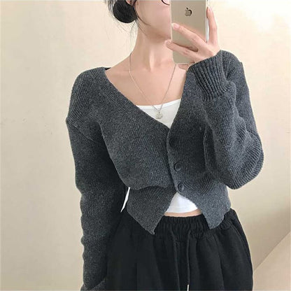 V-Neck Plain Button Up Crop Cardigan