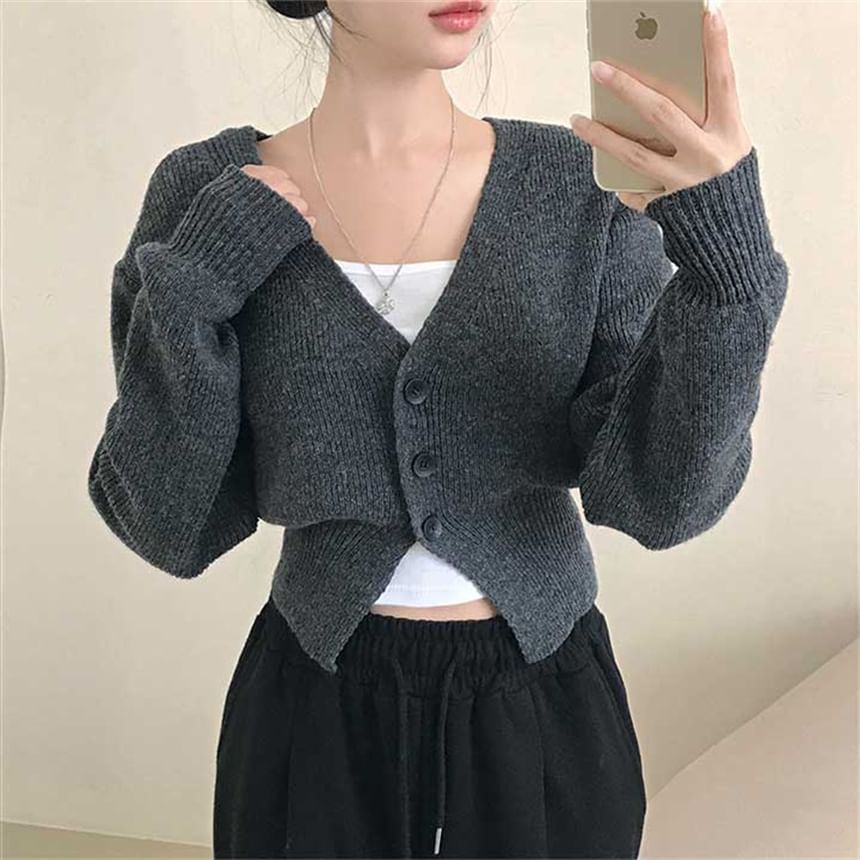 V-Neck Plain Button Up Crop Cardigan