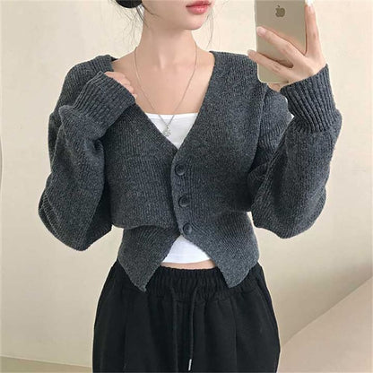 V-Neck Plain Button Up Crop Cardigan