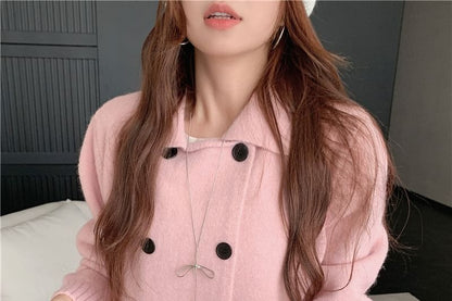 Collared Plain Double Breasted Cardigan