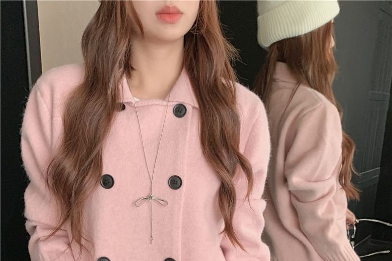 Collared Plain Double Breasted Cardigan