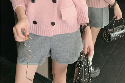 Collared Plain Double Breasted Cardigan