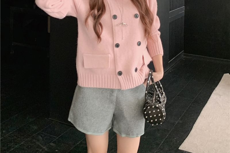 Collared Plain Double Breasted Cardigan