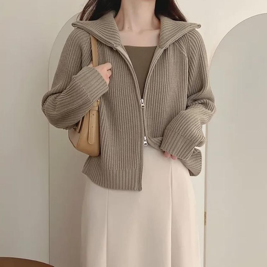 Turtleneck Plain Cable Knit Zip Cardigan