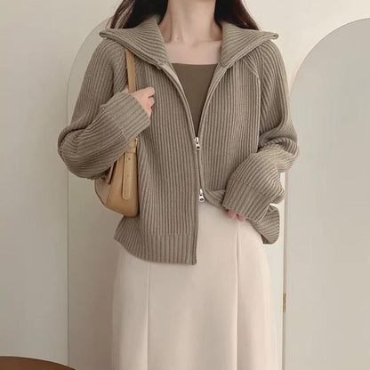 Turtleneck Plain Cable Knit Zip Cardigan