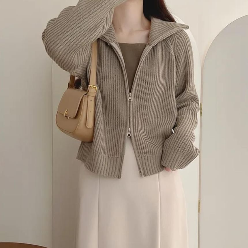 Turtleneck Plain Cable Knit Zip Cardigan