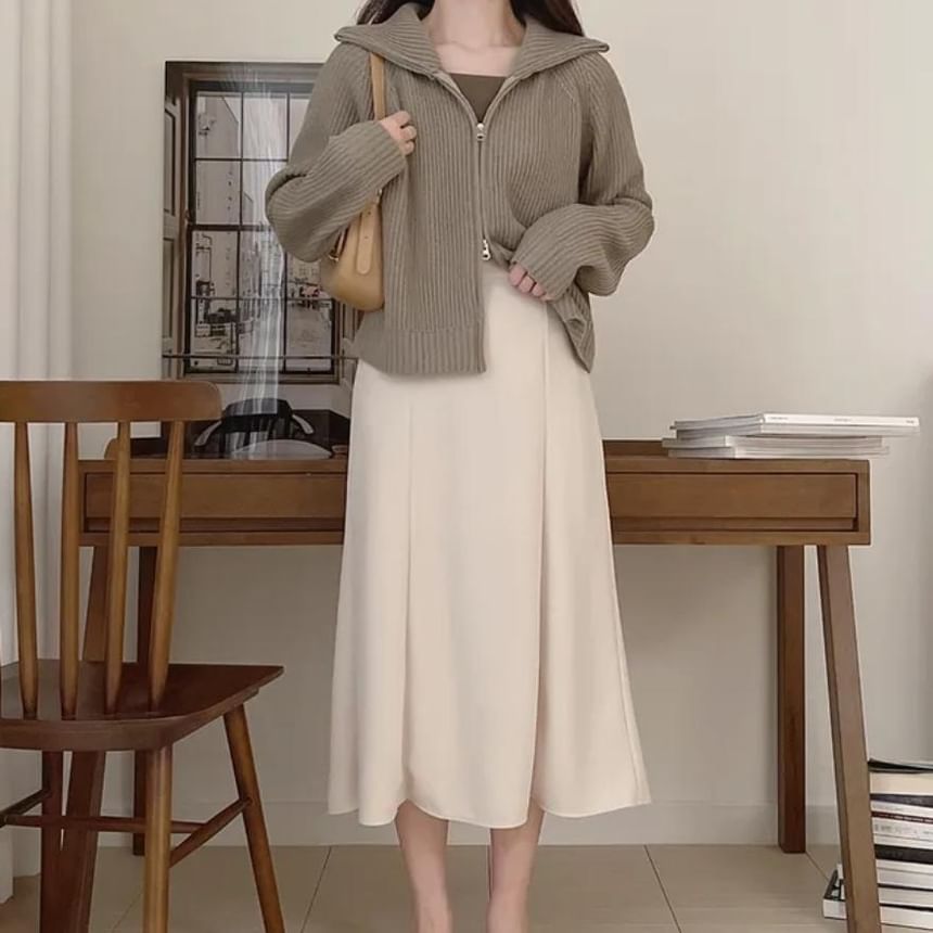 Turtleneck Plain Cable Knit Zip Cardigan