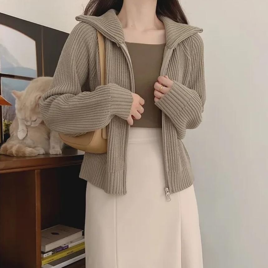 Turtleneck Plain Cable Knit Zip Cardigan