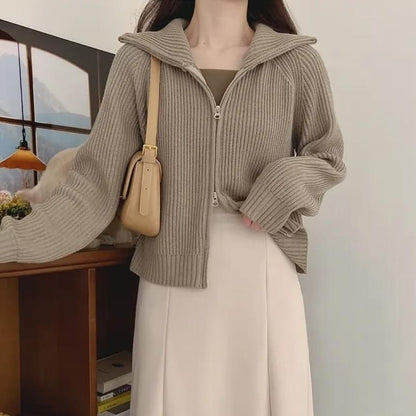 Turtleneck Plain Cable Knit Zip Cardigan