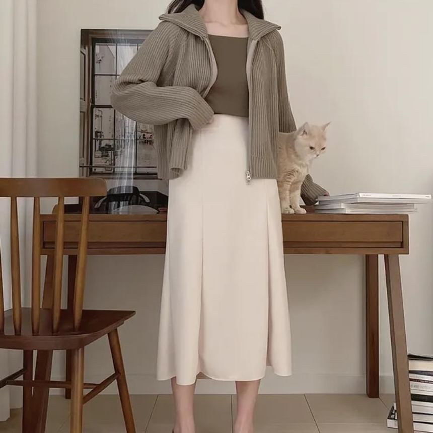 Turtleneck Plain Cable Knit Zip Cardigan