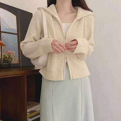 Turtleneck Plain Cable Knit Zip Cardigan