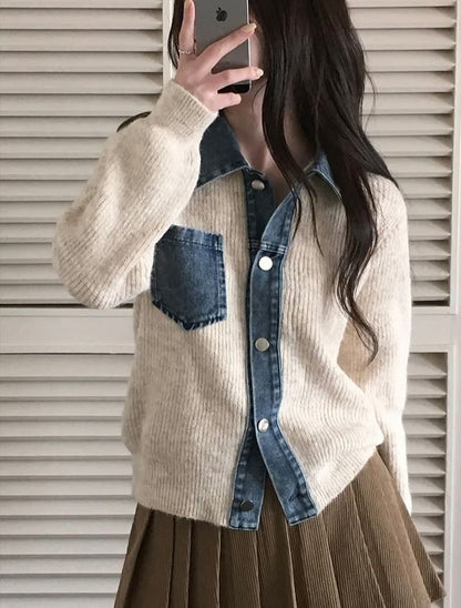 Collared Denim Panel Button Up Knit Jacket