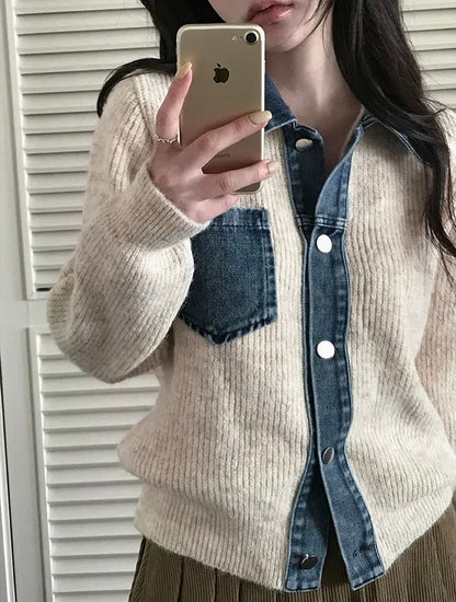 Collared Denim Panel Button Up Knit Jacket
