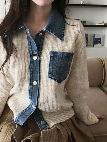 Collared Denim Panel Button Up Knit Jacket