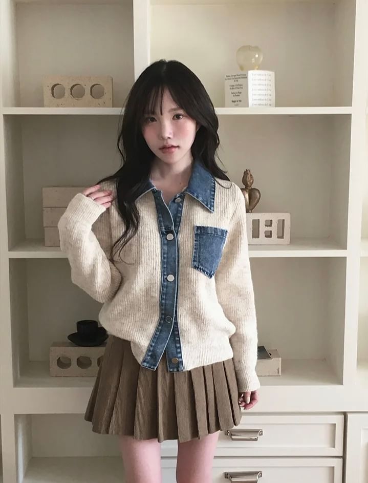 Collared Denim Panel Button Up Knit Jacket