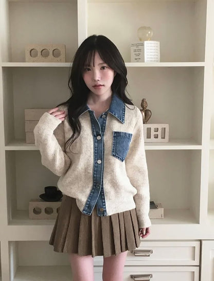 Collared Denim Panel Button Up Knit Jacket