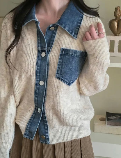 Collared Denim Panel Button Up Knit Jacket