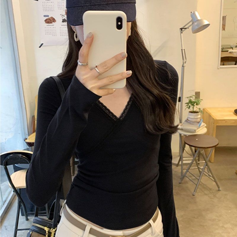 Lace-Trim V-Neck Wrap Long-Sleeve Top