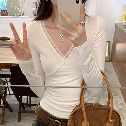 Lace-Trim V-Neck Wrap Long-Sleeve Top