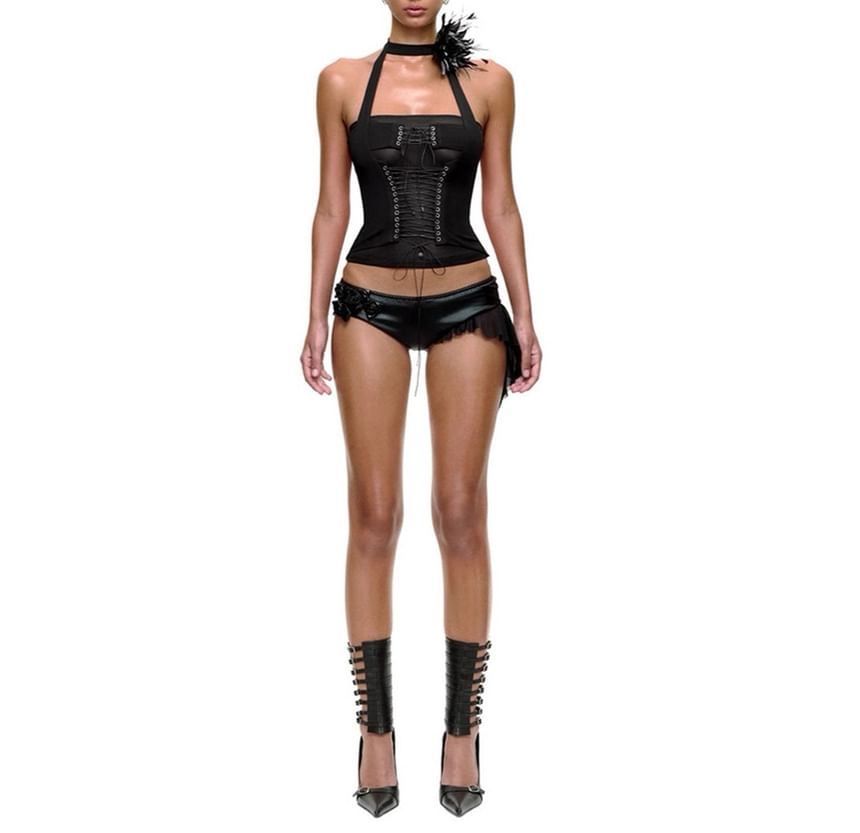 Mesh Halter Top with Lace-Up Front