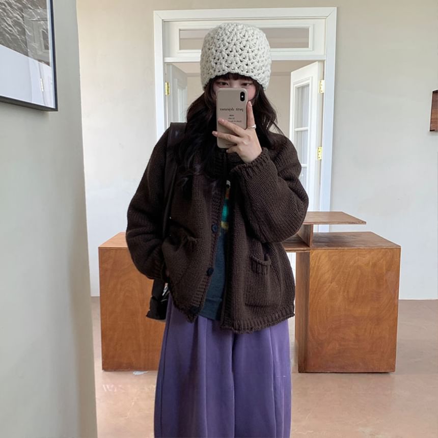 Crewneck Button-Up Plain Cardigan