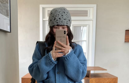Crewneck Button-Up Plain Cardigan