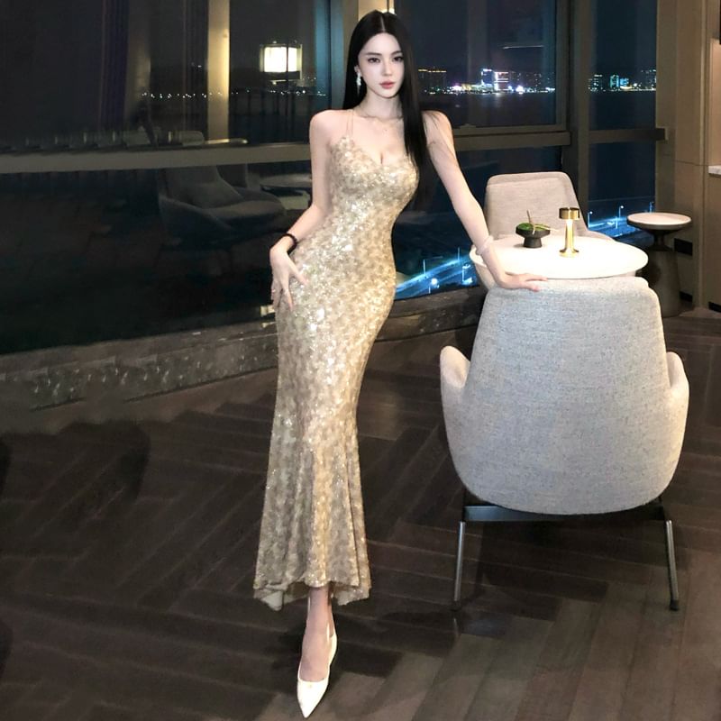 Spaghetti Strap Plain Sheer Mermaid Evening Gown