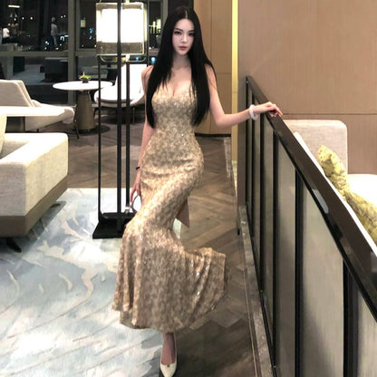 Spaghetti Strap Plain Sheer Mermaid Evening Gown
