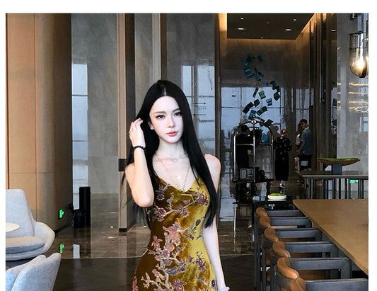 Spaghetti Strap Velvet Embroidered Sheath Evening Gown