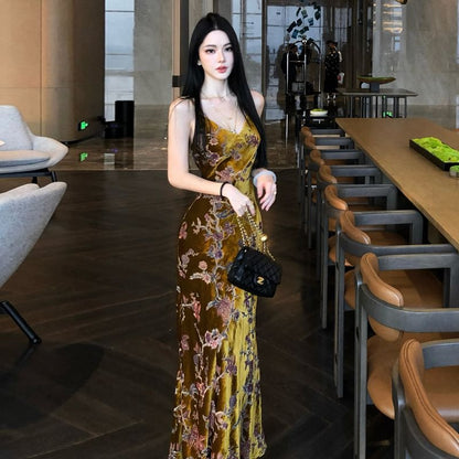 Spaghetti Strap Velvet Embroidered Sheath Evening Gown