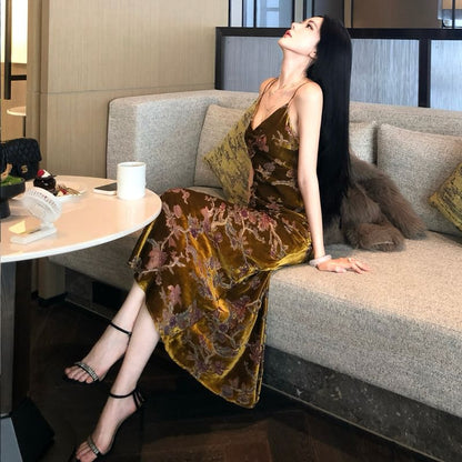 Spaghetti Strap Velvet Embroidered Sheath Evening Gown