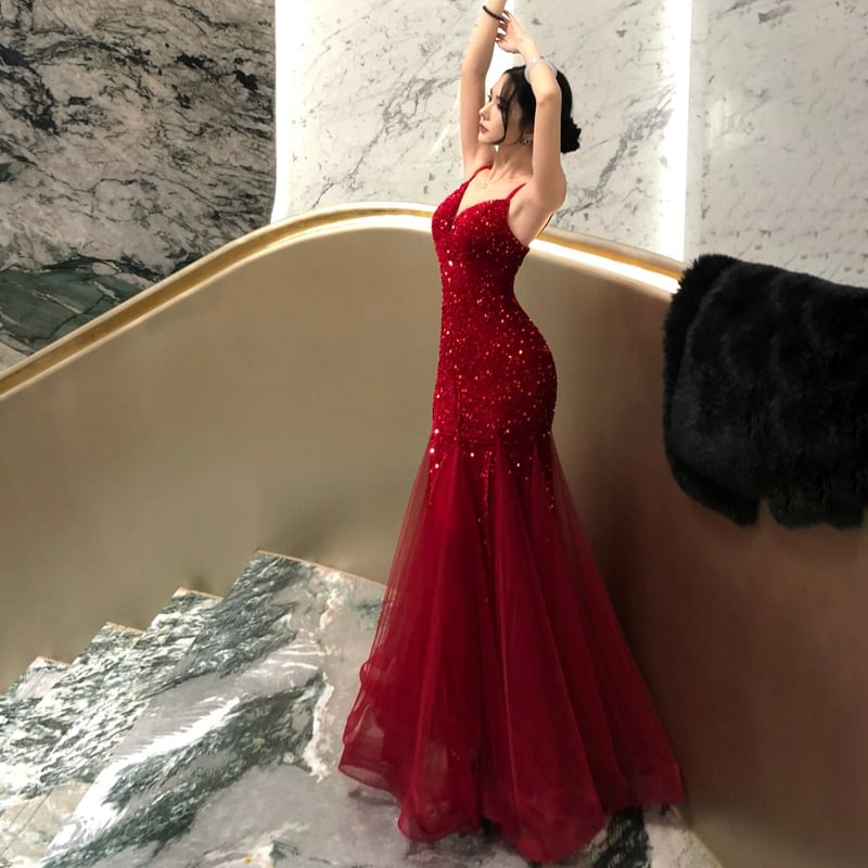 Sleeveless Sweetheart Neckline Glitter Mermaid Evening Gown