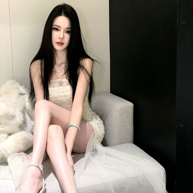 Strapless Glitter High Low Evening Dress