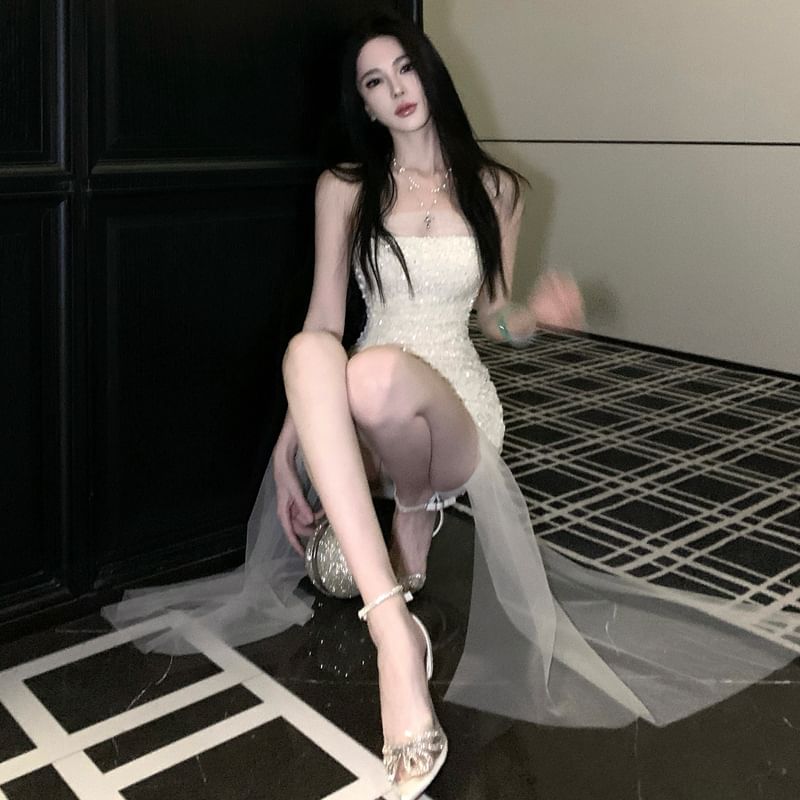 Strapless Glitter High Low Evening Dress