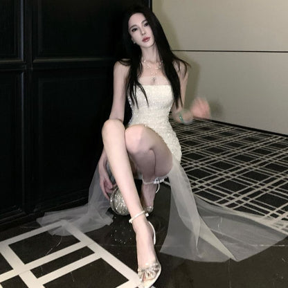 Strapless Glitter High Low Evening Dress