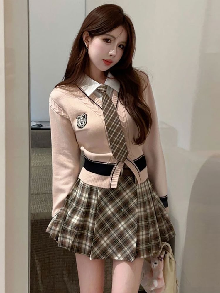 Set: Mock Two-Piece Collared Cardigan + Plaid Tie
