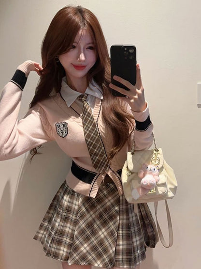 Set: Mock Two-Piece Collared Cardigan + Plaid Tie