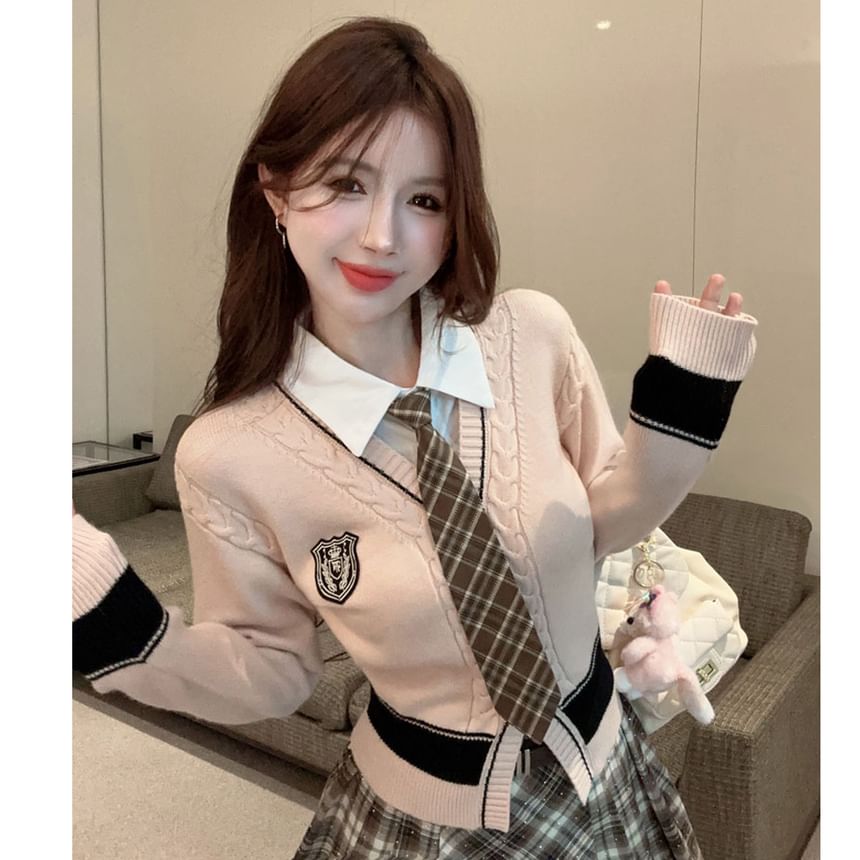 Set: Mock Two-Piece Collared Cardigan + Plaid Tie