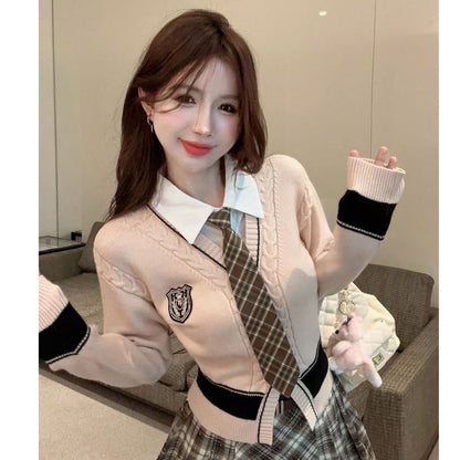 Set: Mock Two-Piece Collared Cardigan + Plaid Tie