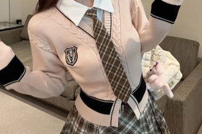 Set: Mock Two-Piece Collared Cardigan + Plaid Tie