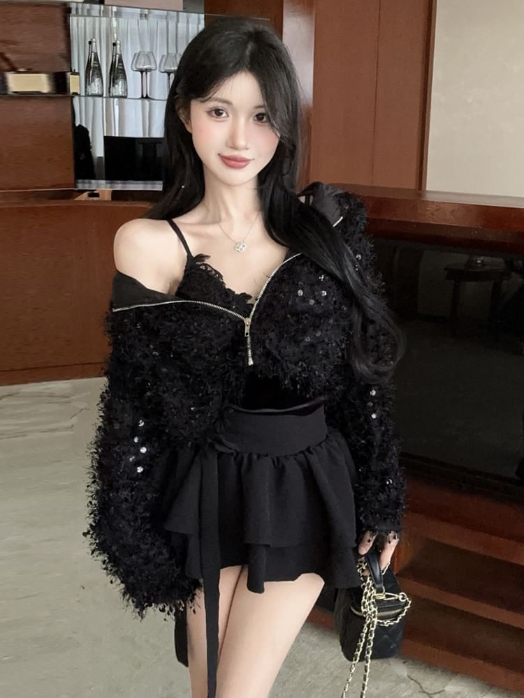 V-Neck Furry Zip-Up Crop Cardigan / Mini Tiered Skirt