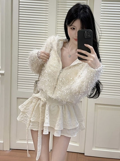V-Neck Furry Zip-Up Crop Cardigan / Mini Tiered Skirt