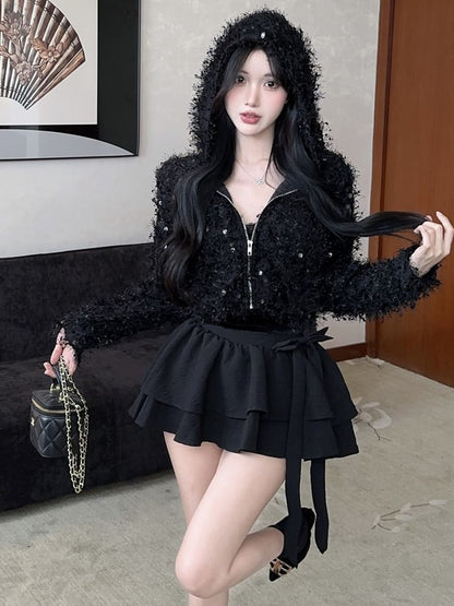 V-Neck Furry Zip-Up Crop Cardigan / Mini Tiered Skirt