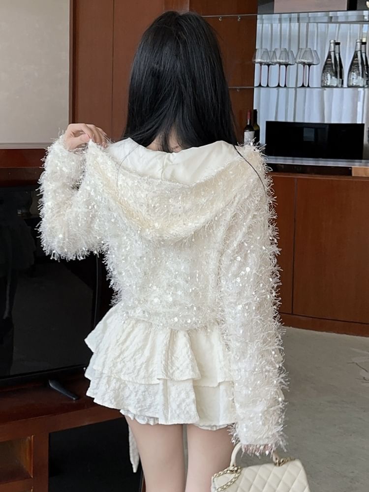 V-Neck Furry Zip-Up Crop Cardigan / Mini Tiered Skirt