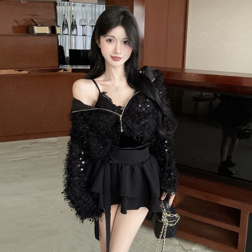 V-Neck Furry Zip-Up Crop Cardigan / Mini Tiered Skirt