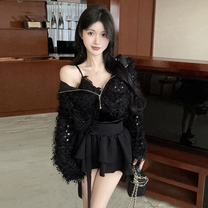 V-Neck Furry Zip-Up Crop Cardigan / Mini Tiered Skirt