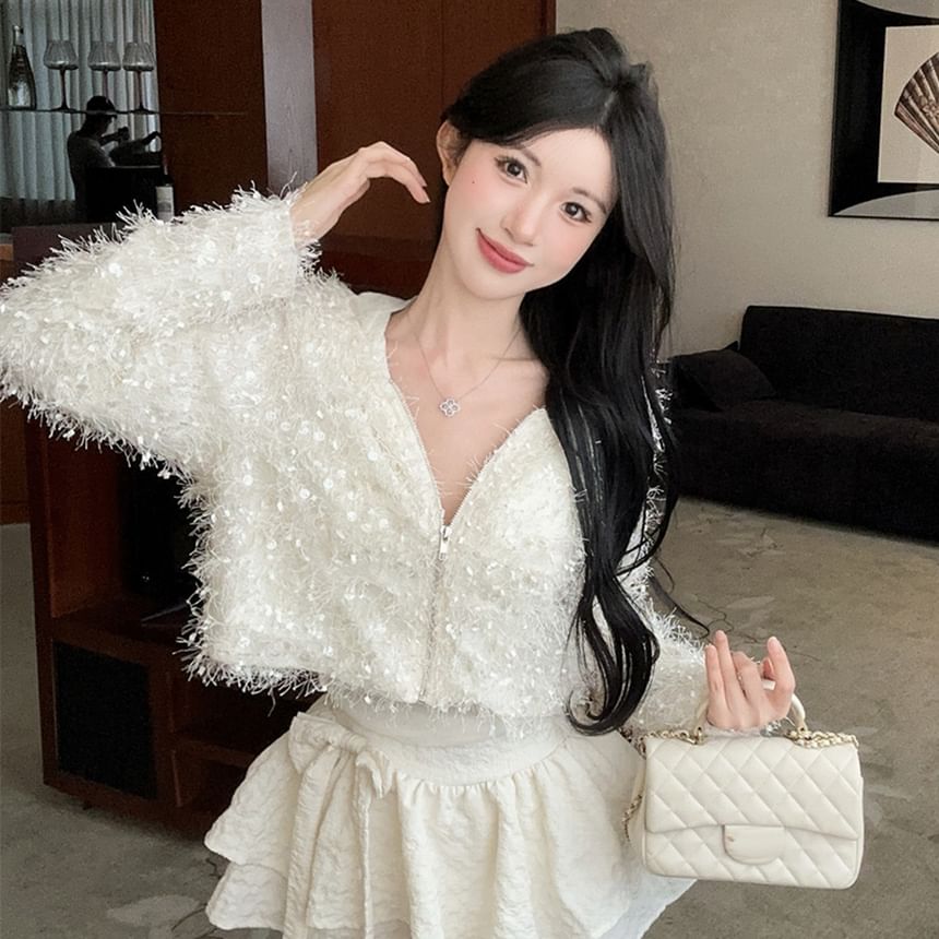 V-Neck Furry Zip-Up Crop Cardigan / Mini Tiered Skirt