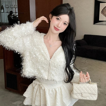 V-Neck Furry Zip-Up Crop Cardigan / Mini Tiered Skirt